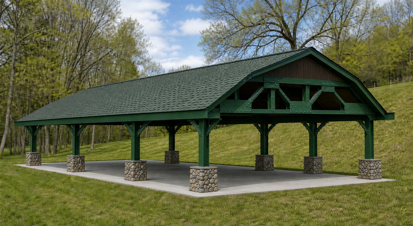 Concept rendering of the planned Green Bridge Pavilion, an open-sided green steel structure with river-rock column bases